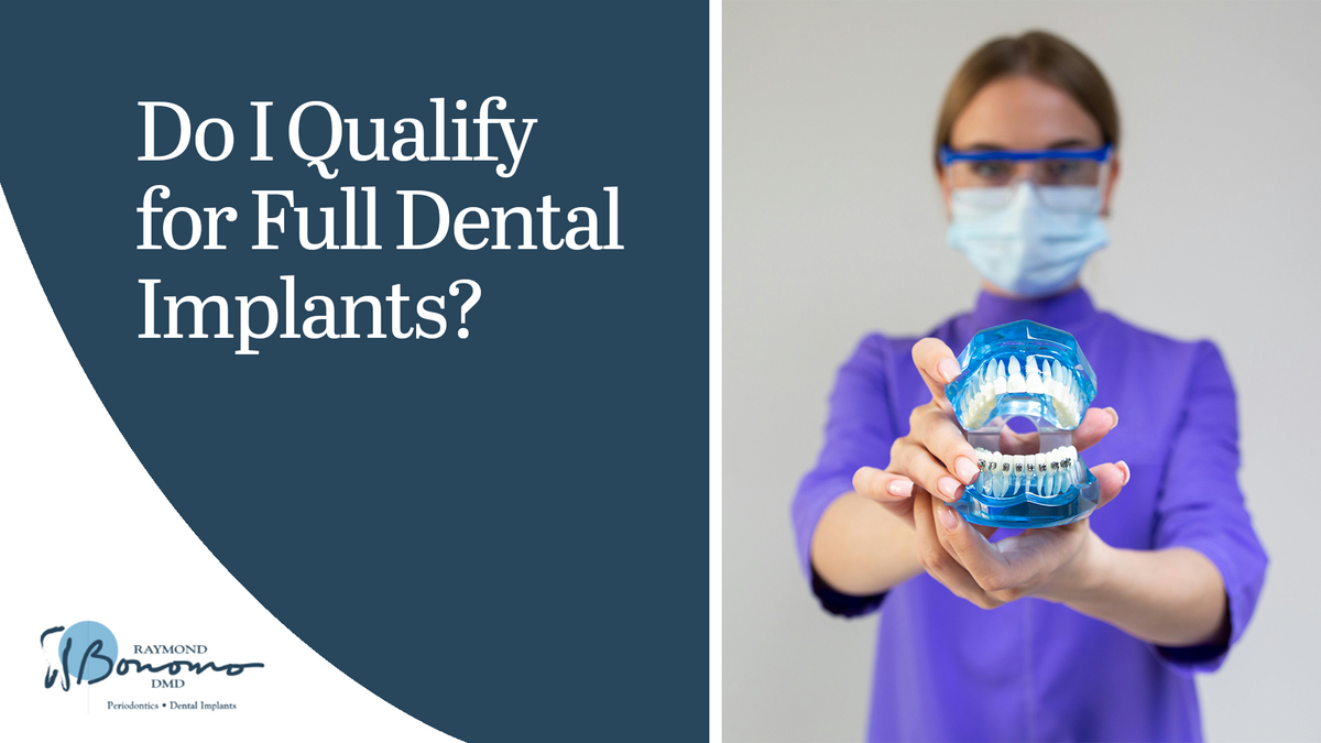 A dentist holds out a display set of dental implants texts reads do I qualify for full dental implants